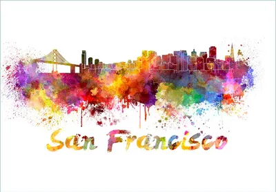 Produktbild von Wallario Fototapete Vliestapete, seidenmatte Oberfläche, einfache Verarbeitung, Größe 400 x 280 cm, Motiv Städte als Aquarell - Skyline von San Francisco