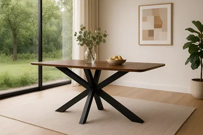 Produktbild von Refurbished Möbelretoure Esstisch 140 x 80 cm Akazie kastanienfarbig Schweizer Kante & abgerundete Ecken Spider-Gestell schwarz ROBERTO