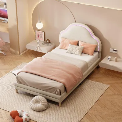 Immagine prodotto di Letto imbottito 90x200 cm, color beige, in velluto, con illuminazione a LED e testiera a forma di nuvola, ideale per la camera da letto