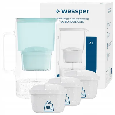 Produktbild von Wessper D2 BOROSILICATE Wasserfilterkanne 3 L Minze – Glasfilterkanne mit 4 AquaMax Filter, BPA-frei