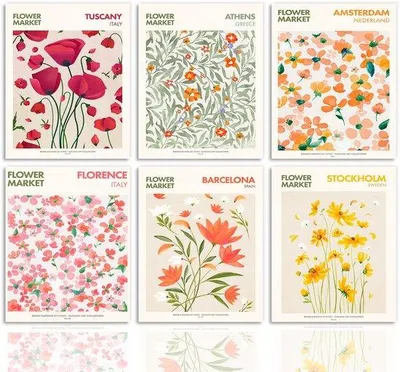 Image de Ensemble de 6 tableaux botaniques vintage sur toile Ibzoa®, dimensions 20 x 25 cm, motifs floraux sur toile, décoration murale sans cadre