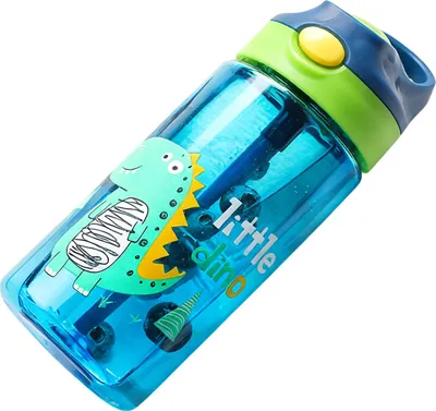 Productafbeelding van Waterfles voor kinderen met rietjesdeksel, schattige dinosaurusprint, 480 ml, gemaakt van veilig, voedselveilig PP-materiaal, in een blauwe kleur