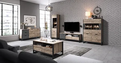 Produktbild von Wohnzimmer-set ARDEN 2 Kommode + 2xVitrine + TV-Schrank + Couchtischeiche sand grande / matera