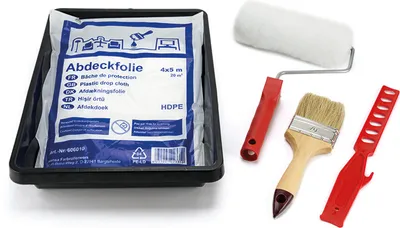 Produktbild von 6tlg.Renovier Set Malerset Renovierset Farbrolle Farbwanne Folie Flachpinsel