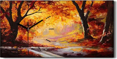 Produktbild von Küchenuhr Bürouhr Leinwand Uhr Geräuschlos Kunstdruck 60x30 Malerei Herbst Wald - schwarze Hände