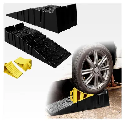 Produktbild von Auffahrrampe für PKW mit Unterlegkeilen, 2 Stück robuste Autorampen, hochbelastbar bis 5T Traglast für Wohnwagen, Wohnmobil, Camper usw., extra hoch, Gelb
