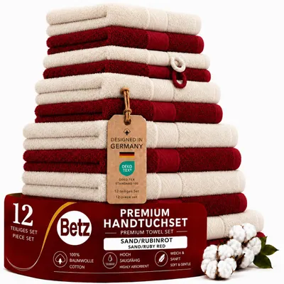 Produktbild von Betz 12-tlg. Handtuch-Set PREMIUM 2 Duschtücher 4 Handtücher 2 Gästetücher 2 Seiftücher 2 Waschhandschuhe Farbe: rubinrot / sand, KI-generiertes Bild