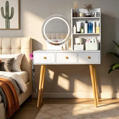 Produktbild von Schminktisch mit LED Spiegel, Steckdosenleiste & Föhnhalter - 3 Lichtfarben dimmbar, MDF Weiß 90x40x135 cm