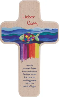 Produktbild von Kinderholzkreuz 18 cm natur Mein Leben ist bunt- Buche bedruckt