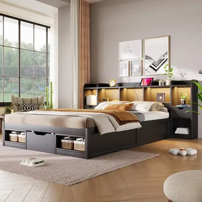 Produktbild von Flieks Jugendbett Doppelbett 140x200cm mit Schubladen und Staufächern, Holzbett Klassisches Bett mit Led und Ladefunktion, Stauraumbett Schwarz