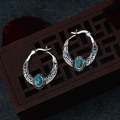 Produktbild von Vintage Damen-Creolen mit eingelegten Federn, Kunsttürkis, Schmuck, Geschenk
