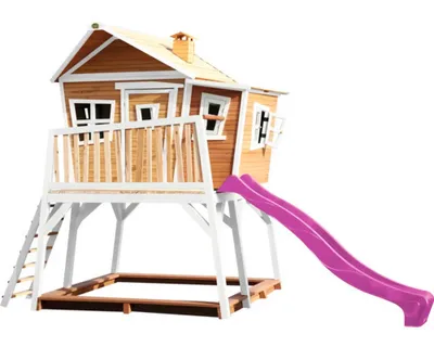 Produktbild von AXI Spielhaus Max mit Sandkasten & lila Rutsche | Stelzenhaus in Braun & Weiß aus Holz für Kinder | Spielturm mit Wellenrutsche für den Garten