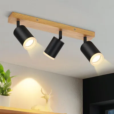 Immagine prodotto di ZMH faretto da soffitto 3 fiamme nero lampada da cucina legno GU10 faretto da parete 350°rotante faretto da cucina vintage spot retro industriale senza lampadine