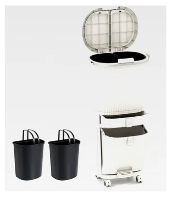 Produktbild von Mülleimer für die Küche, Mülltrennsystem mit 3 Fächern, 2 x 12L Inneneimer und 14L Treteimer, Abfalleimer mit Rollen, Schublade, Doppeldeckel, Pedal und Haken, Tretmülleimer für Küche, Bad, Büro (Beige)