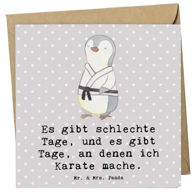 Produktbild von Mr. & Mrs. Panda Grußkarte Pinguin Karate - Grau Pastell - Geschenk, Klappkarte, Glückwunschkarte, doppelkarte, Verein, Kampfsportart, Selbstverteidigung, faltkarte