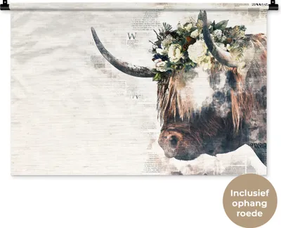 Produktbild von MuchoWow® Wandteppich Wandbehang Schottische Hochlandrind - Kühe - Blumen 90x60 cm Tapisserie Dekoration Wandtuch - Wandskulpturen - Bildteppich