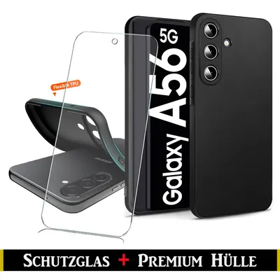 A black phone case and a screen protector are displayed next to a smartphone.