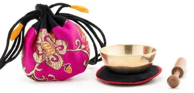 Produktbild von Mini-Klangschale mit gutem Klang in pinkfarbigem Beutel