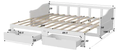 Zdjęcie produktu dla Rozkładana sofa, wielofunkcyjna z szufladami do przechowywania, łatwy montaż, biała, jednoosobowa
