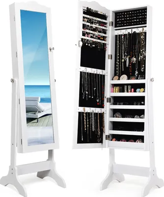 Produktbild von COSTWAY Schmuckschrank neigungsverstellbar, Schmuckregal abschließbar, Schmuck Spiegelschrank mit Ganzkörperspiegel für Make-up, weiß