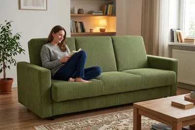 Produktbild von Schlafsofa ALICJA B Apollo – mit Schlaffunktion und Bettkasten, Cordstoff in Grün, Family Meble, KI-generiertes Bild