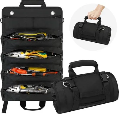 Produktbild von Elektrische gereedschapstas, kleine oprolbare gereedschapsbox mit abnehmbaren Fach, robuste oprolbare Werkzeugbox mit Organizer, Werkzeugset für Handwerker und Elektriker, Geschenk für Männer (schwarz)