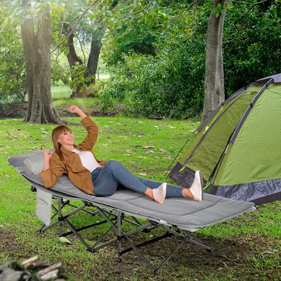 Image de Lit de camping pliable - Lit léger pour camping - Lit de couchage pour l'extérieur - Lit de jardin - Gris clair