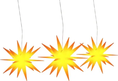 Three star-shaped LED Christmas lights hanging against a white background.
