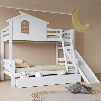 Produktbild von okwish Etagenbett 90x200cm & 120x200cm mit Leiter, Rutsche und 2 Schubladen, Weiß