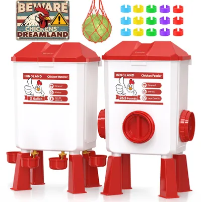 Imagen del producto de Dispensador de alimento con capacidad de 12 kg y bebedero de 11 litros, con 4 recipientes, 3 aberturas para el alimento, para aves de corral