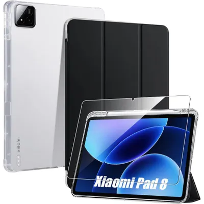 Image de Coque + Verre Trempé pour Xiaomi Pad 8 / 8 Pro, Antichoc Coins Renforcés Noir avec Porte-Stylet