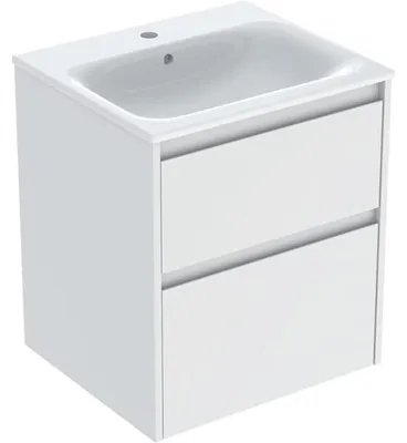 Produktbild von Geberit Renova Plan Set Möbelwaschtisch schmaler Rand, mit Unterschrank, zwei Schubladen: 55x62.1x48cm, Breite Waschtisch=55cm, Waschtisch: weiß / KeraTect, Korpus, Front: weiß / lackiert seidenmatt
