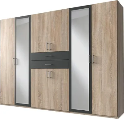 Produktbild von Kleiderschrank Drehtürenschrank Sägerau Eiche - grau - 270 cm mit Spiegel - DRIVER - Die Möbelfundgrube