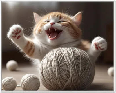Produktbild von Wallario Wandbild Katze mit Wollknäuel, Größe: 40,30 x 50,30 cm, Poster mit weißem Aluminiumrahmen
