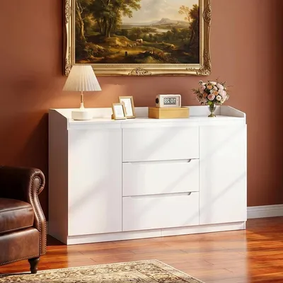 Produktbild von Sideboard, 3 Schubladen, 2 Türen, Kommode 40 x 140 x 87 cm, Weiß | Holz-Kommode, moderner Aufbewahrungsschrank für Schlafzimmer, Wohnzimmer, Büro