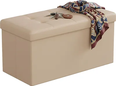 Obrázok produktu pre Lavička Relaxdays s úložným priestorom, umelá koža, skladateľná, čalúnená, predsieň, spálňa, VxŠxH: 38 x 76 x 38 cm, béžová