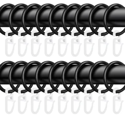 Productafbeelding van 50 metalen gordijnringen en 50 plastic gordijnhaken, geschikt voor raamgordijnen, bedgordijnen en douchegordijnen - 30 mm binnendiameter (zwart)