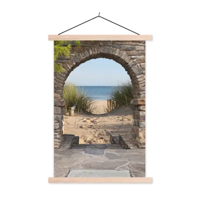 Produktbild von MuchoWow® Textilposter Aussicht - Strand - Düne - Pflanzen 120x180 cm mit holzfarbenen Rahmen - Textil-Plakat