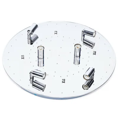 A close-up, studio shot of a modern, circular ceiling light fixture with multiple chrome-plated light sockets.