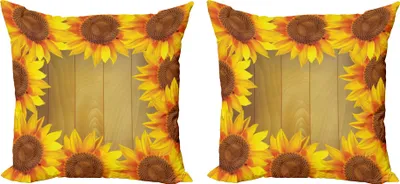 Immagine prodotto di ABAKUHAUS Set di copricuscini con girasoli (2 pezzi), girasoli disposti in cerchio su sfondo floreale, 45 x 45 cm, marrone arancio