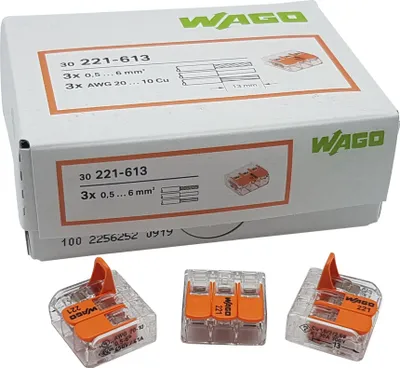 Produktbild von 100 Stück Wago 221-613 Verbindungsklemme 3 Leiter mit Betätigungshebel 0,5-6 qmm kleine Bauform, transparent