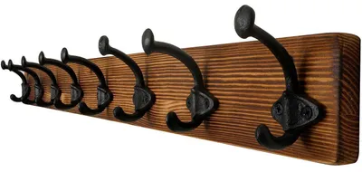 Image de Barre de porte-manteau murale en bois, 8 crochets en fonte, couleur marron, 90 cm