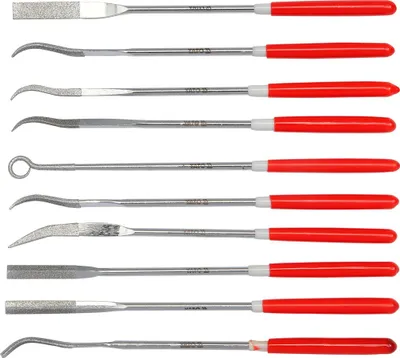 Obrázek produktu pro Yato YT-6145, Sada pilníků, Oval file, Ploché složky, Půlkulatý pilník, Pilník s ostřím, Kulatý pilník,..., Kov, Uhlíková ocel, Plast, Červená