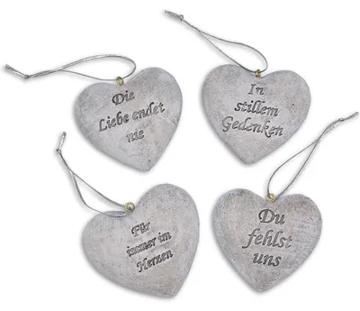 Produktbild von Herz Anhänger Trauer Grabdeko Stein-Optik grau ca. 6,5 x 6 cm mit Schriftzug Gedenken sortiert Trauerdeko Erinnerung