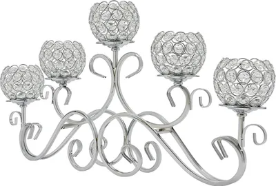 Produktbild von Kristall-Kerzenleuchter - 5-armiger Kandelaber - 64×10×34 cm - Für LED/flammlose Kerzen - Tischdekoration - Silber