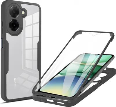 A phone case and a disassembled phone case with a screen protector are shown against a white background.