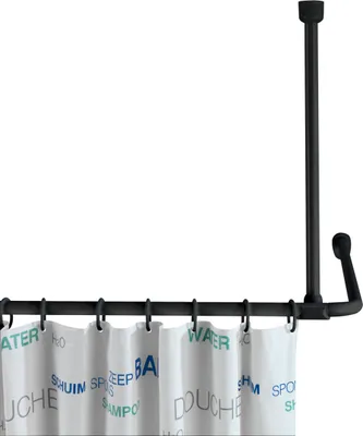 A black shower curtain rod with a shower curtain hanging from it.