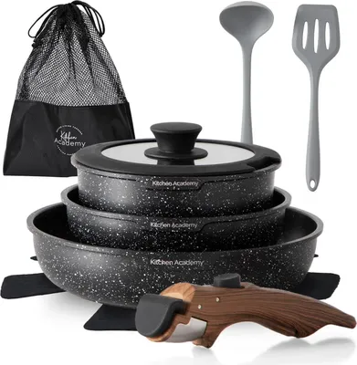 Image de Kitchen Academy Set de casseroles 10pcs Noir Couvercle en verre Antiadhésif Marbre Induction