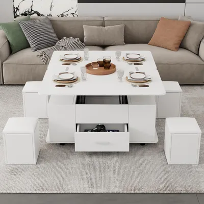 Produktbild von Couchtisch Höhenverstellbar, mit Schubladen und 4 Hockern, Beweglicher Sofatisch, Umwandelbar in Wohnzimmer-Esstisch, Beistelltisch, Kaffeetisch, Weiß