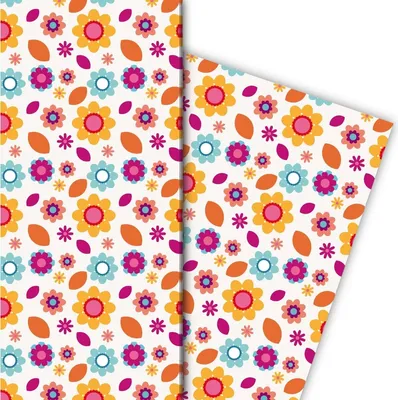Produktbild von Buntes 70er Jahre Geschenkpapier mit Blumen, orange - G8130, 32 x 48cm